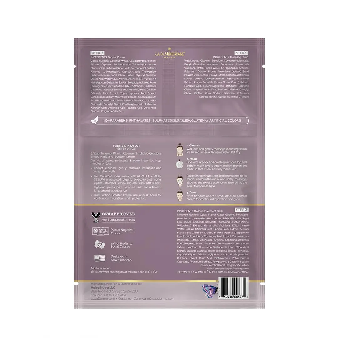 LuxaDerme Purify & Protect 3 Step Tune-Up Kit - Cleansing Scrub, Bio Cellulose Sheet Mask, Booster Cream (Pack of 5)