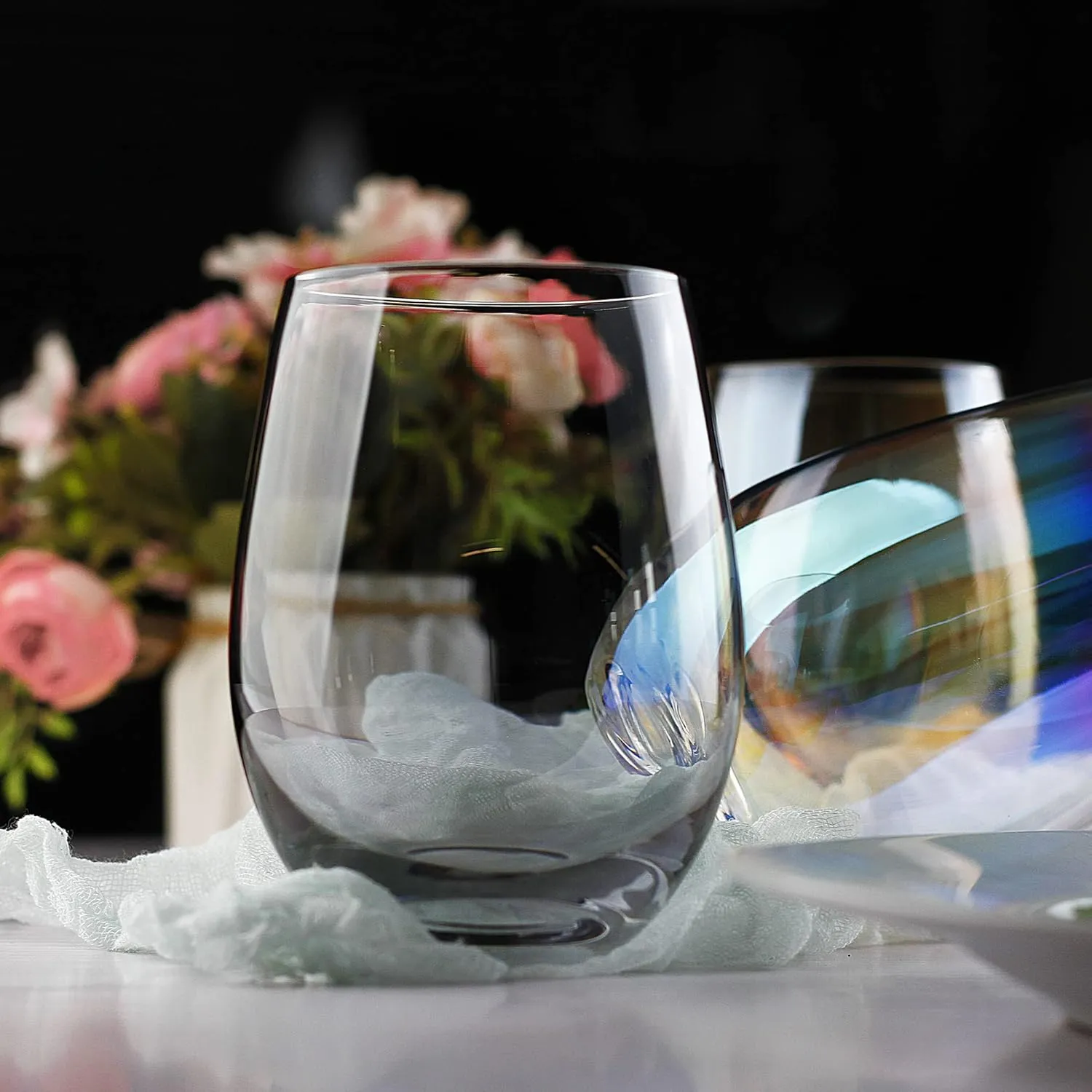 LUXU Wine Glasses Set of 4,20 oz Large Stemless Wine Glasses,Grey Juice Drinking Glasses,No Stem Glass Beverage Cups,All-Purpose Water Glasses for Ice Coffee,Tea,Red or White Wine