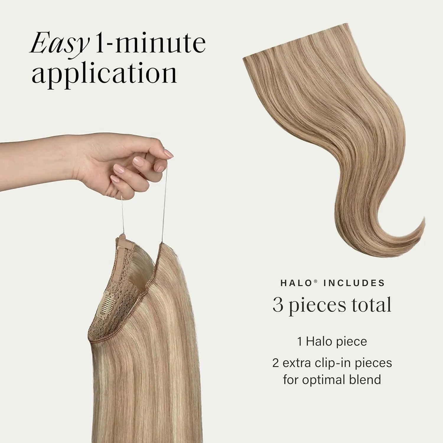 Luxy 100% Remy Human Hair – Halo Clip-In Hair Extensions –Natural Looking Volume & Length - One-Piece - Easy 5-Min Application 140 grams 16" Dimensional Natural Blonde