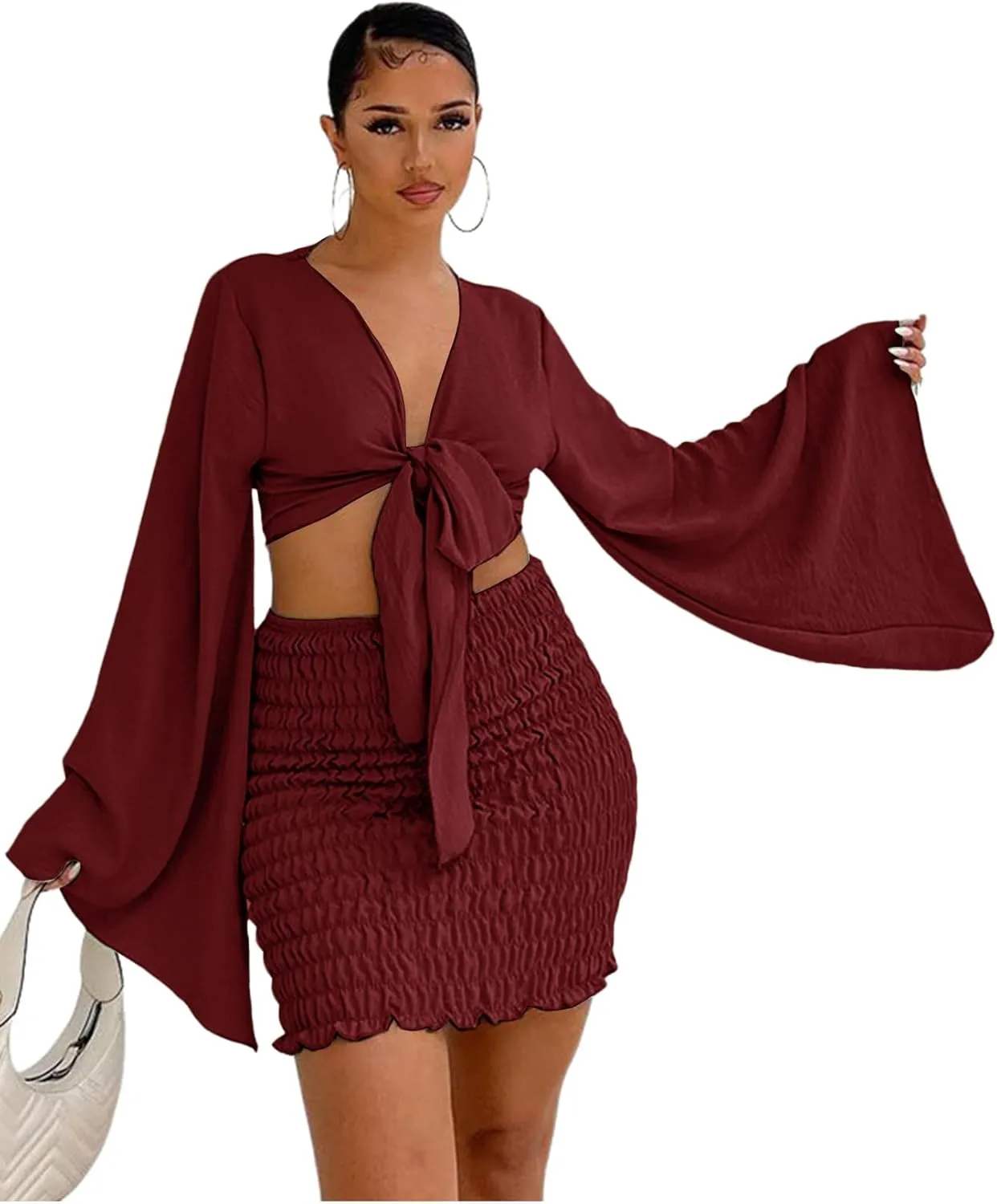 LYANER Women's 2 Piece Outfits Tie Knot Front Bell Long Sleeve Crop Top and Mini Skirt Set