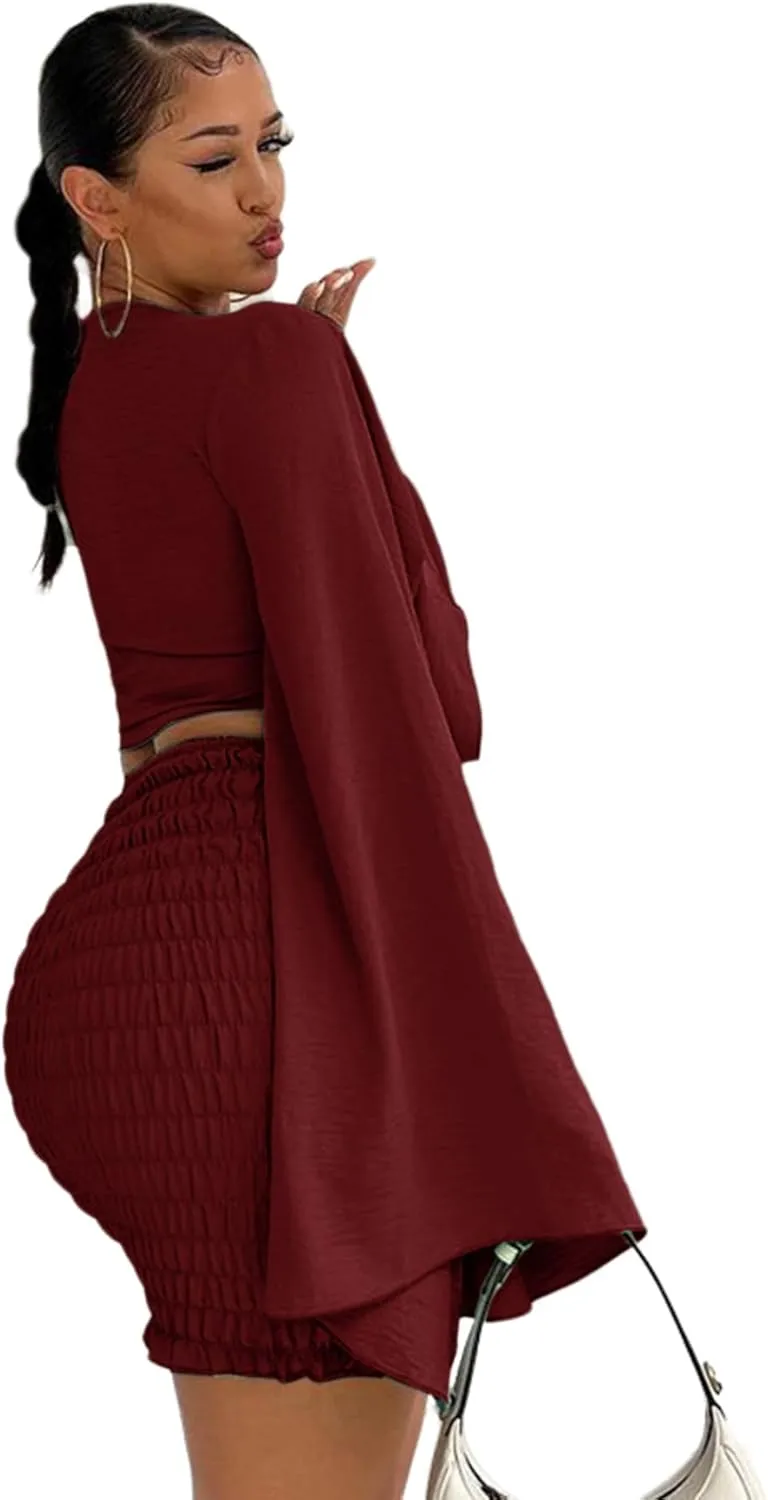 LYANER Women's 2 Piece Outfits Tie Knot Front Bell Long Sleeve Crop Top and Mini Skirt Set