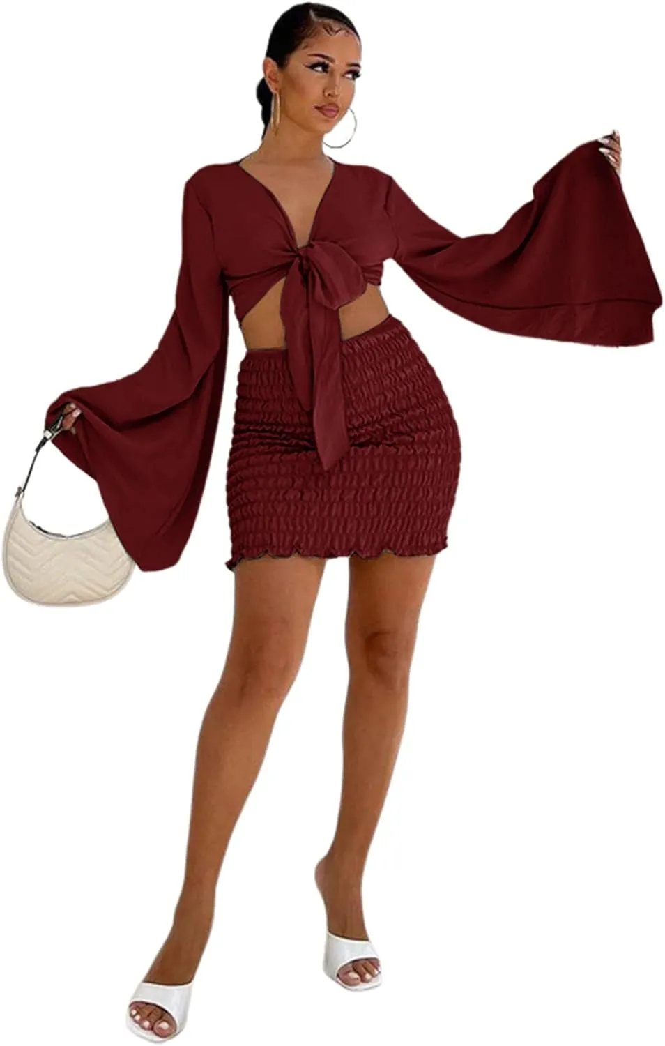 LYANER Women's 2 Piece Outfits Tie Knot Front Bell Long Sleeve Crop Top and Mini Skirt Set