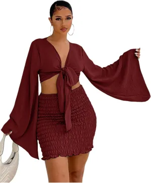 LYANER Women's 2 Piece Outfits Tie Knot Front Bell Long Sleeve Crop Top and Mini Skirt Set