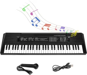 M SANMERSEN Kids Music Keyboard, 61-Key Portable Electronic Piano Toy with Microphone, Teaching Tool for Beginners, Ages 3-12, Black