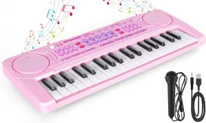 M SANMERSEN Kids Piano Keyboard, 37 Keys Music Keyboard Piano Toys with Microphone, Portable Dual Speaker Electronic Piano Keyboard, Birthday Gift for Beginners Girls Ages 3 4 5 6, Pink
