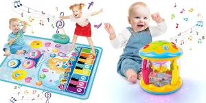 M SANMERSEN Light up Ocean Projector Musical Baby Toys 6-12 Months  2-in-1 Floor Piano Mat and Drum Pad