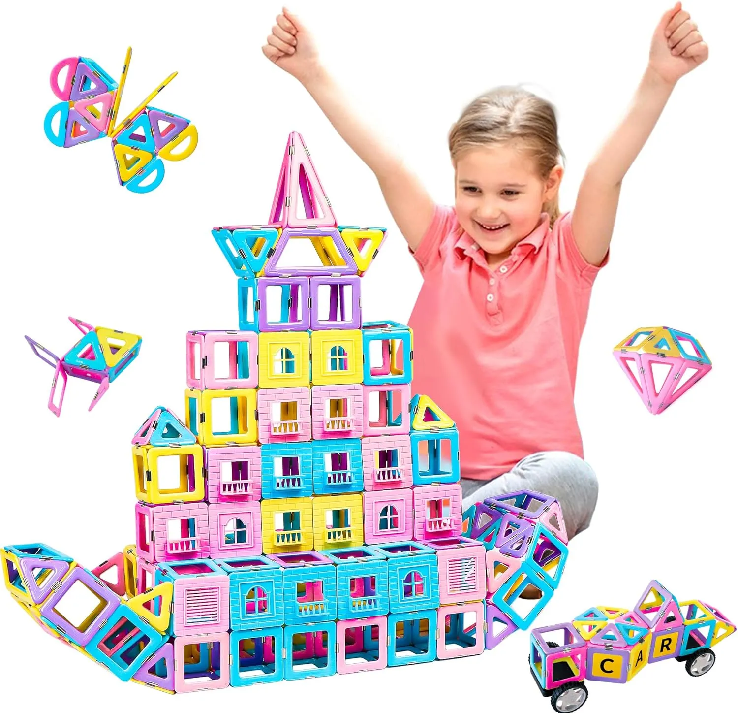 MAGBLOCK Magnetic Tiles with 2 Cars-156Pcs Magnet Toys Set for 3  Year Old Boys Girls Toddlers, Idea for Girls Magnetic Blocks Building STEM Creativity Educational Toys for Kids
