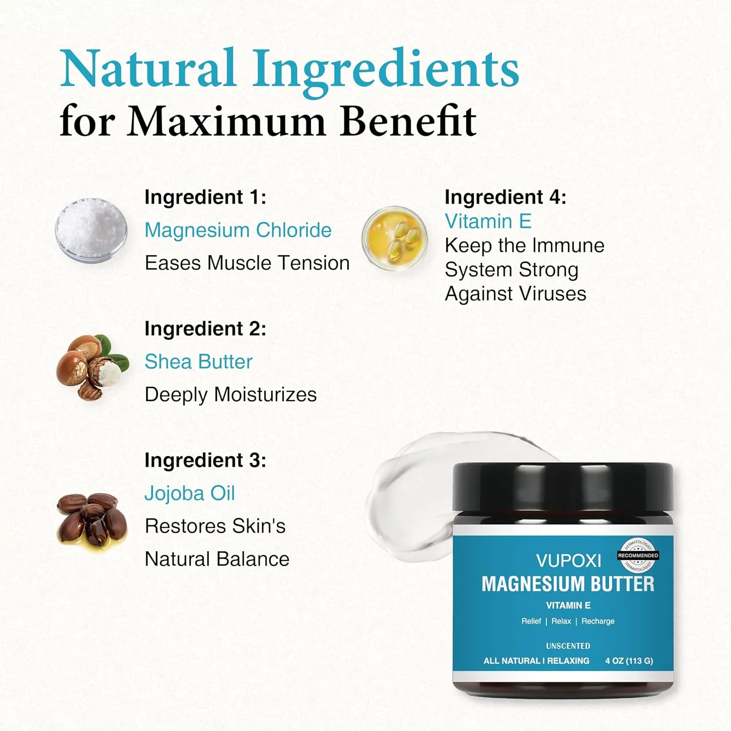 Magnesium Cream for Sleep, Muscle Soreness & Cramps Relief with Jojoba Oil, Vitamin E, Shea Butter - Topical Magnesium Lotion for Calm & Relaxation - (4 fl, Unscented)