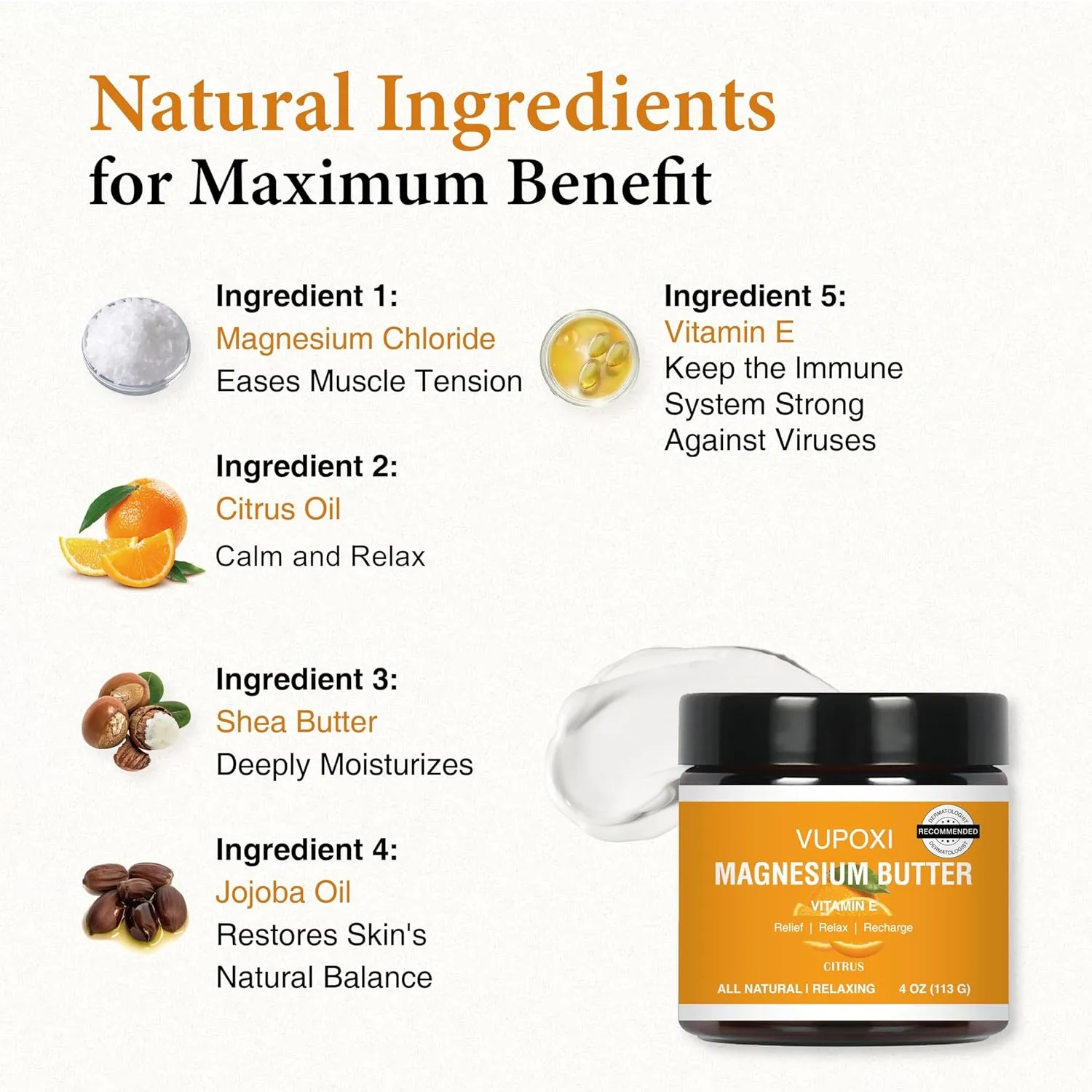 Magnesium Cream for Sleep, Muscle Soreness & Cramps Relief with Vitamin E, Shea Butter - Topical Magnesium Lotion for Calm & Relaxation - (4 fl, Citrus)