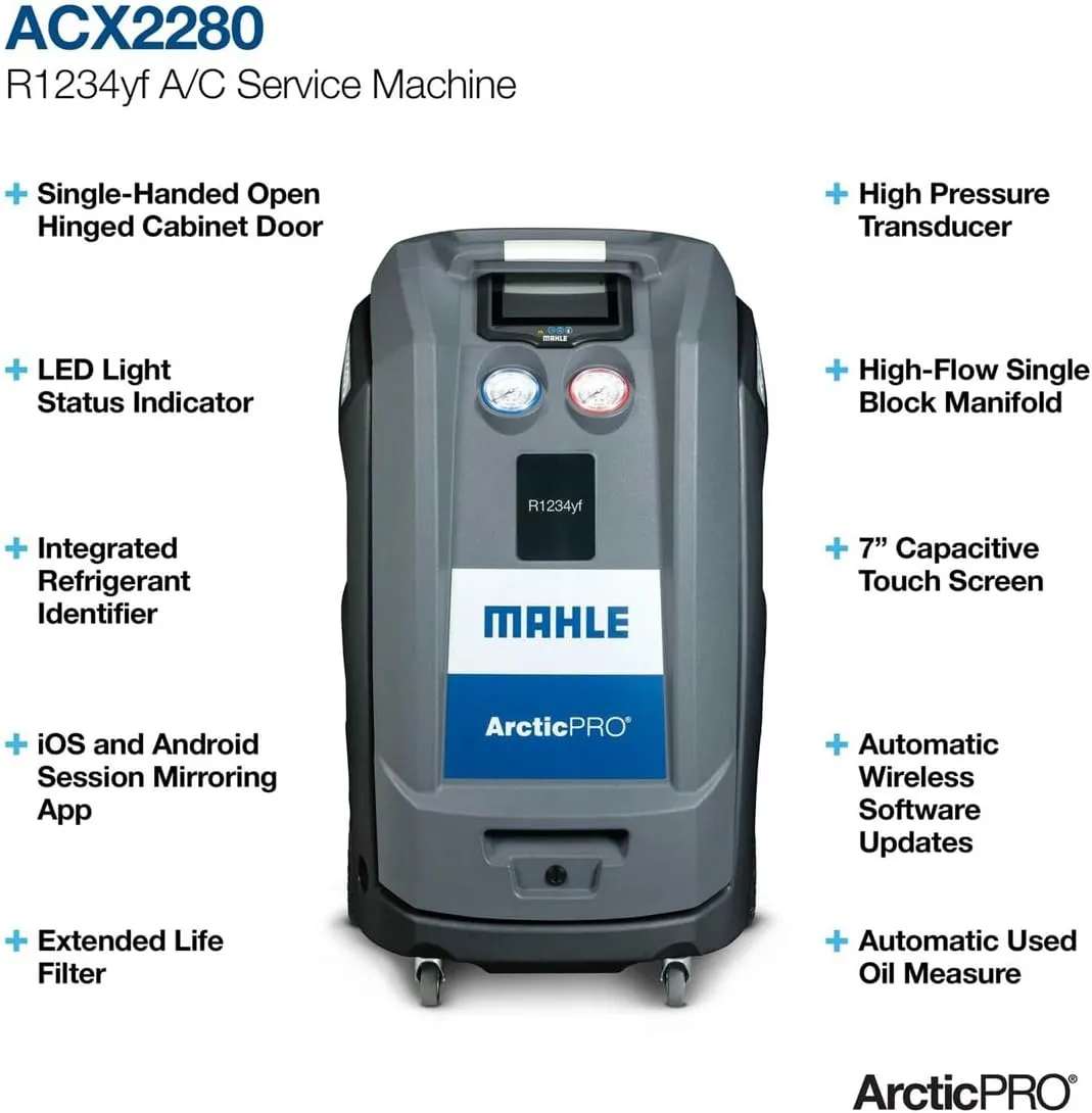 Mahle ACX2280 ArcticPRO R1234yf Automatic AC Recovery, Recharge and Recycling Service Machine, 7" Capacitive Touch Screen, Intuitive User Interface, Integrated Data Management, Smart Mobile App
