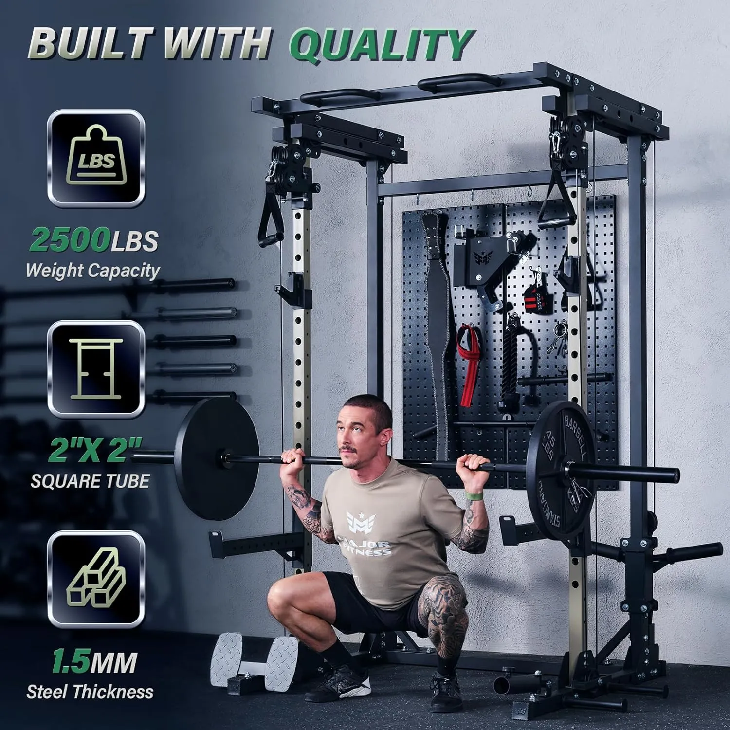 Major Fitness Drone3 Power Cage, with Lever Arms, Multi-Function Power Rack for Home Gym, Squat Rack with Pull-up Bar, Cable Crossover System,J-Hooks,Heavy-Duty Steel Construction