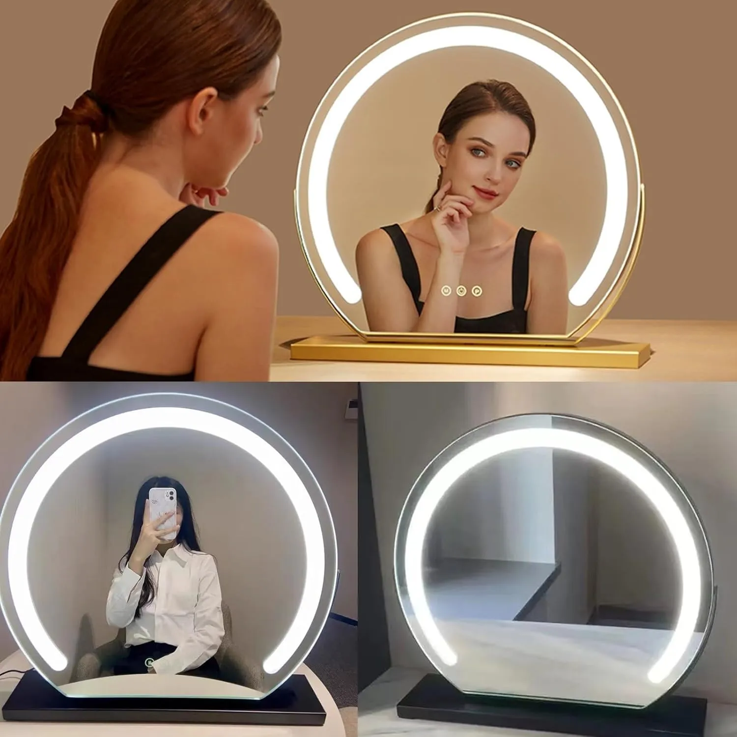 Makeup Vanity Mirror with Led Lights Round Tabletop Desktop Smart Touch Control Lighted Up Mirror for Girl，360°Rotating Cosmetic Mirror，Illuminated Tabletop Vanity Mirror(Black,30cm)