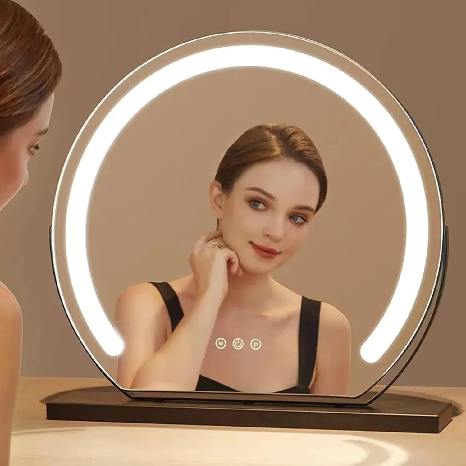Makeup Vanity Mirror with Led Lights Round Tabletop Desktop Smart Touch Control Lighted Up Mirror for Girl，360°Rotating Cosmetic Mirror，Illuminated Tabletop Vanity Mirror(Black,30cm)