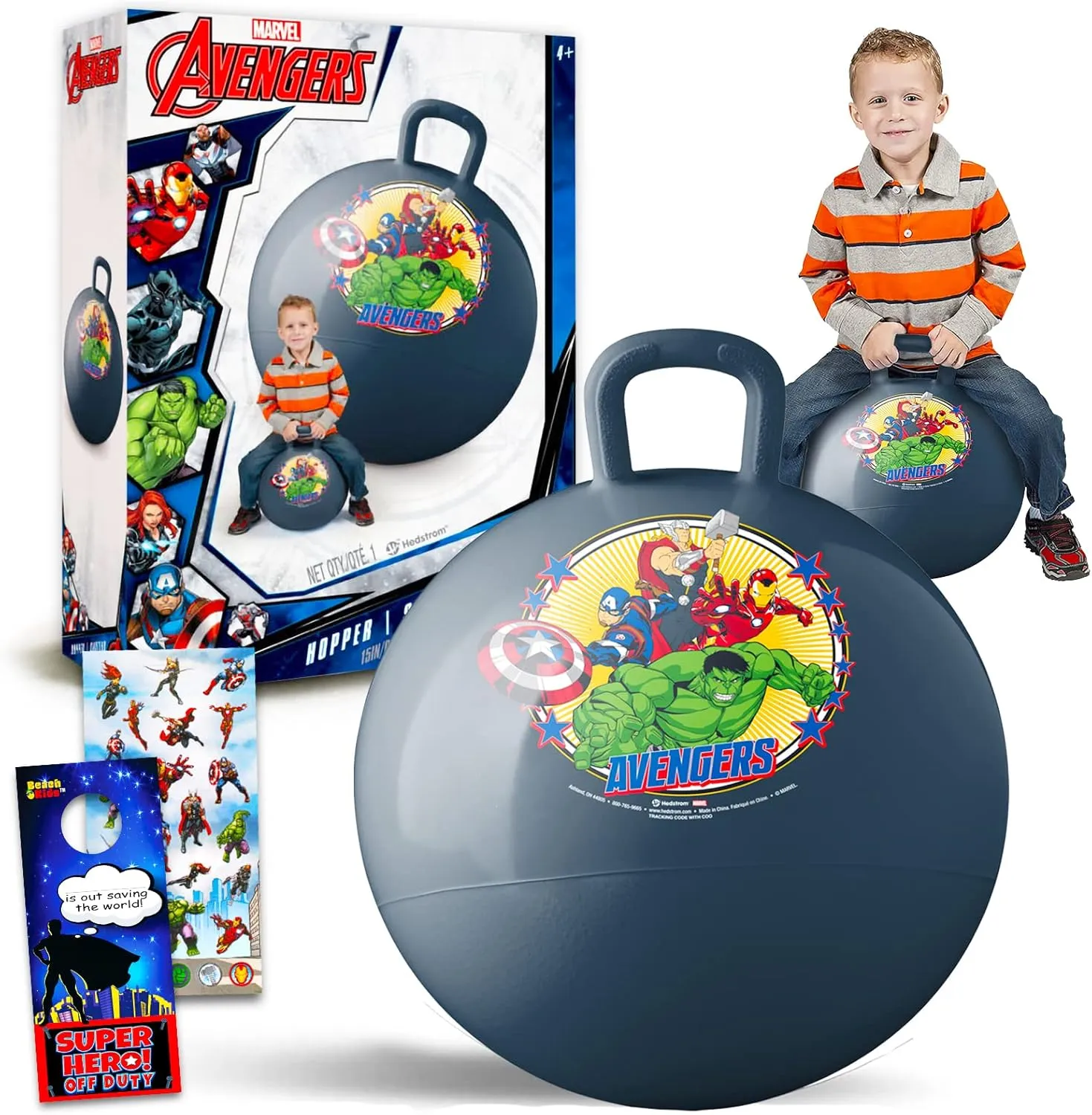 Marvel Avengers Hopper Ball Bundle - Includes Avengers 15" Hopper Ball, Avengers Stickers, and Additional Door Hanger | for Boys and Girls Outdoor Activities, Parties, Gift