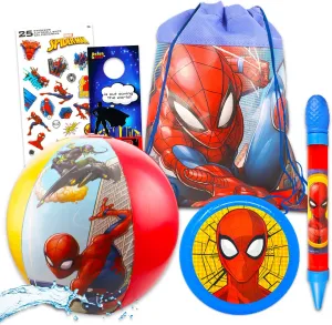 Marvel Spiderman Pool Set for Boys - 4 Pc Beach Toys Bundle with Beach Ball, Water Blaster, Flying Disc, Beach Bag, Stickers, More | Spiderman Pool and Beach Gift Set for Kids