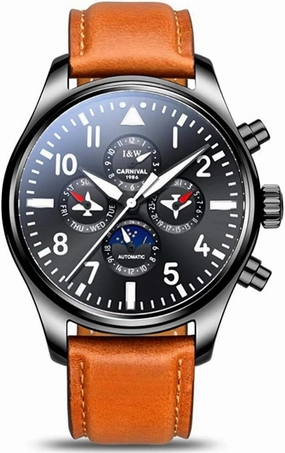 MASTOP Pilot Military Analog Automatic Mechanical Watch Luminous Waterproof Moon Phase 24-Hours Men Wrist Watch
