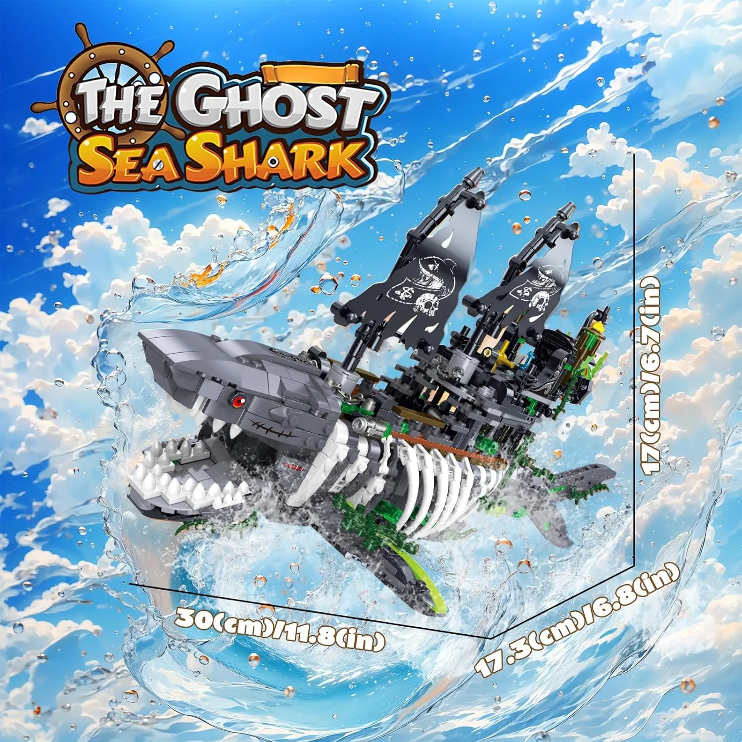 Mechanical Shark Ship Building Blocks Set with Lights, The Ghost Sea Shark Pirate Ship Building Blocks Sets,Toys Gift for Kids Adult Collections Enthusiasts