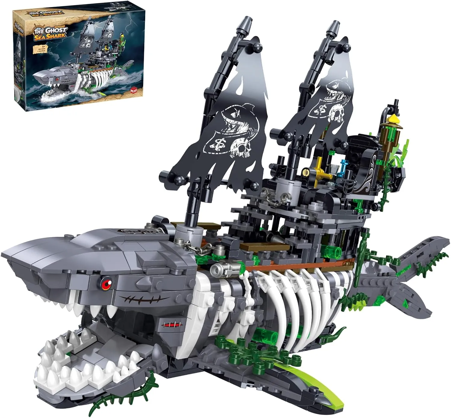 Mechanical Shark Ship Building Blocks Set with Lights, The Ghost Sea Shark Pirate Ship Building Blocks Sets,Toys Gift for Kids Adult Collections Enthusiasts