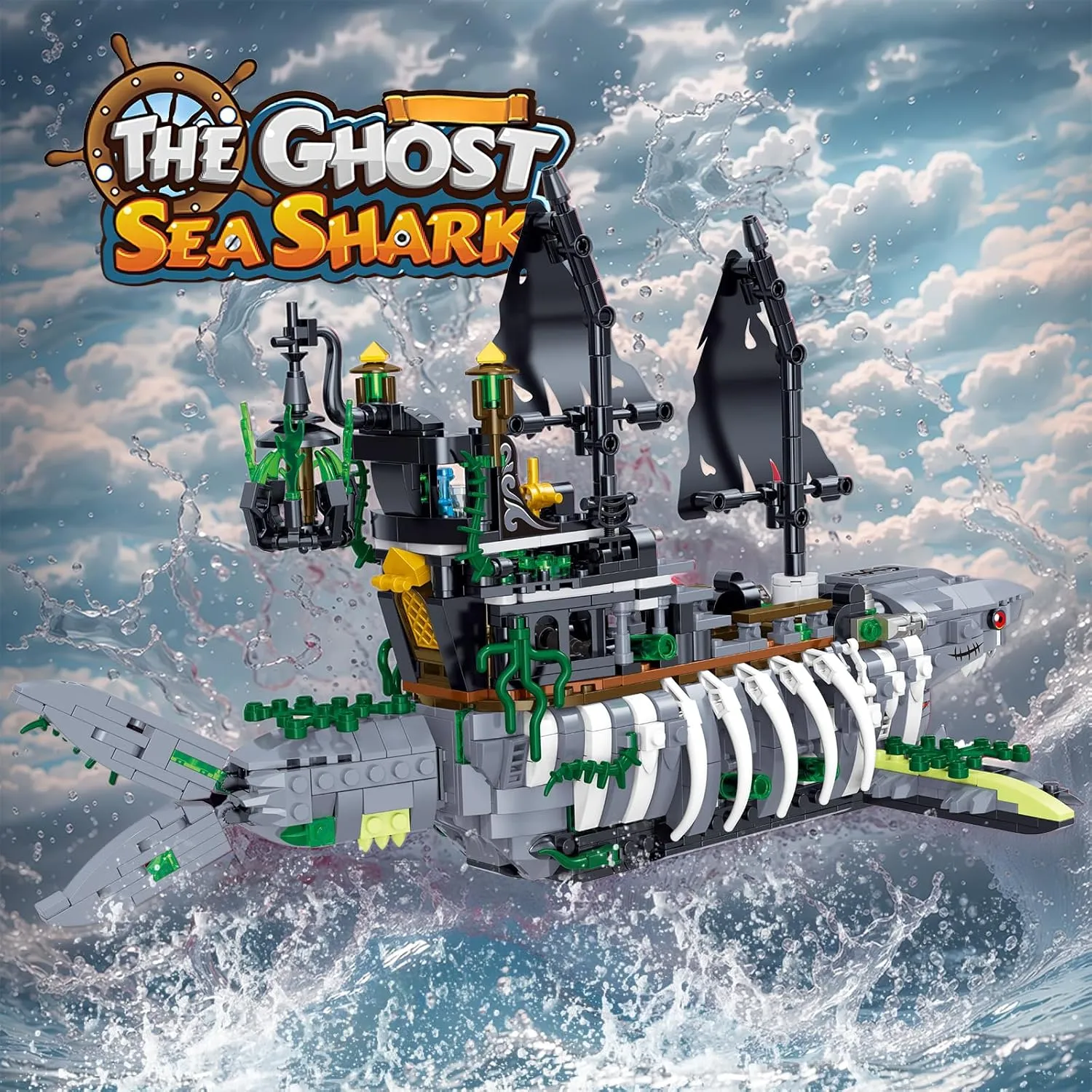 Mechanical Shark Ship Building Blocks Set with Lights, The Ghost Sea Shark Pirate Ship Building Blocks Sets,Toys Gift for Kids Adult Collections Enthusiasts