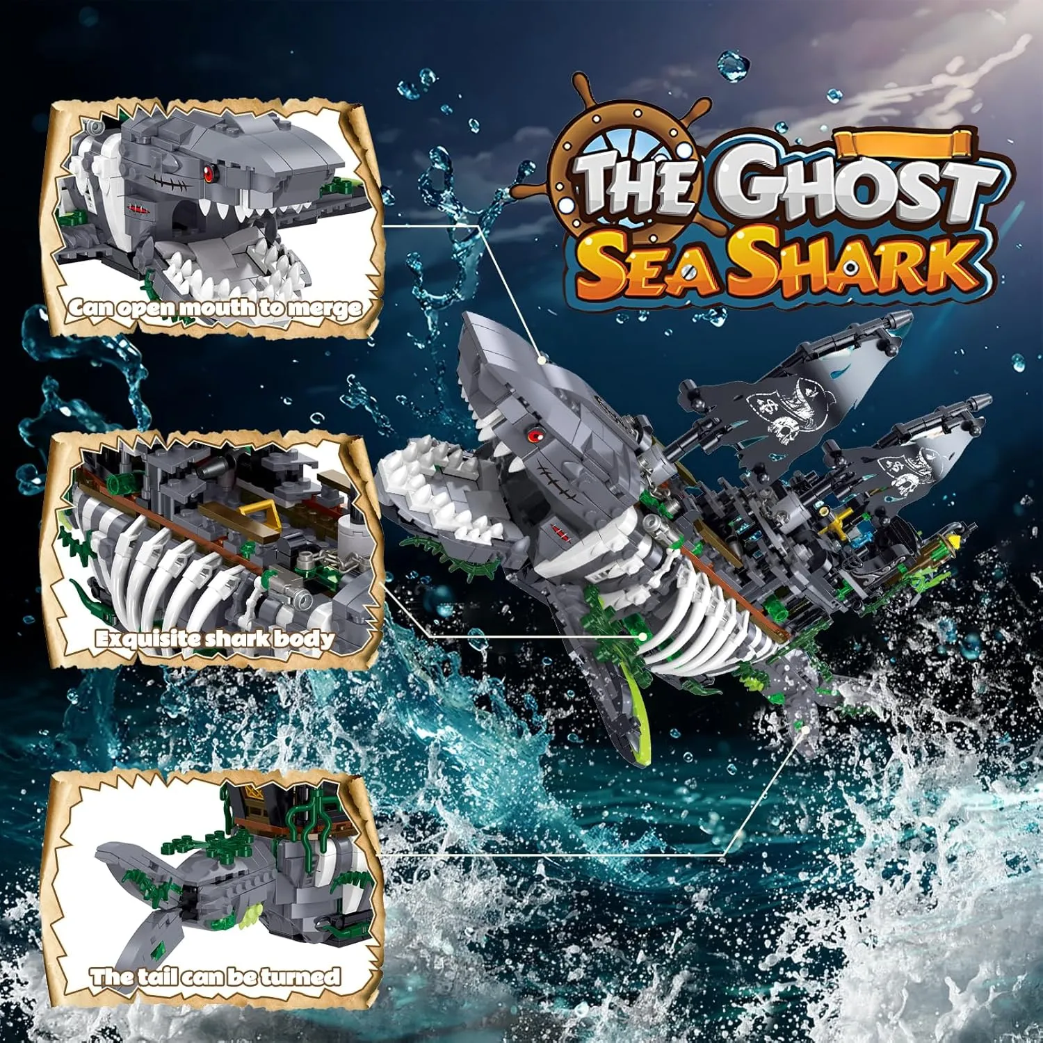 Mechanical Shark Ship Building Blocks Set with Lights, The Ghost Sea Shark Pirate Ship Building Blocks Sets,Toys Gift for Kids Adult Collections Enthusiasts