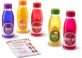 Melissa & Doug Tip & Sip Toy Juice Bottles and Activity Card (6 Pcs) Pretend Play Food Set, Play Kitchen Food For Ages 3 