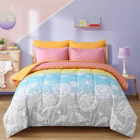 Menghomeus Girls Comforter Set King Size 7 Pieces Bed in A Bag Ombre Rainbow Bedding Set Dandelion Butterfly Print Kids Bedding Collections