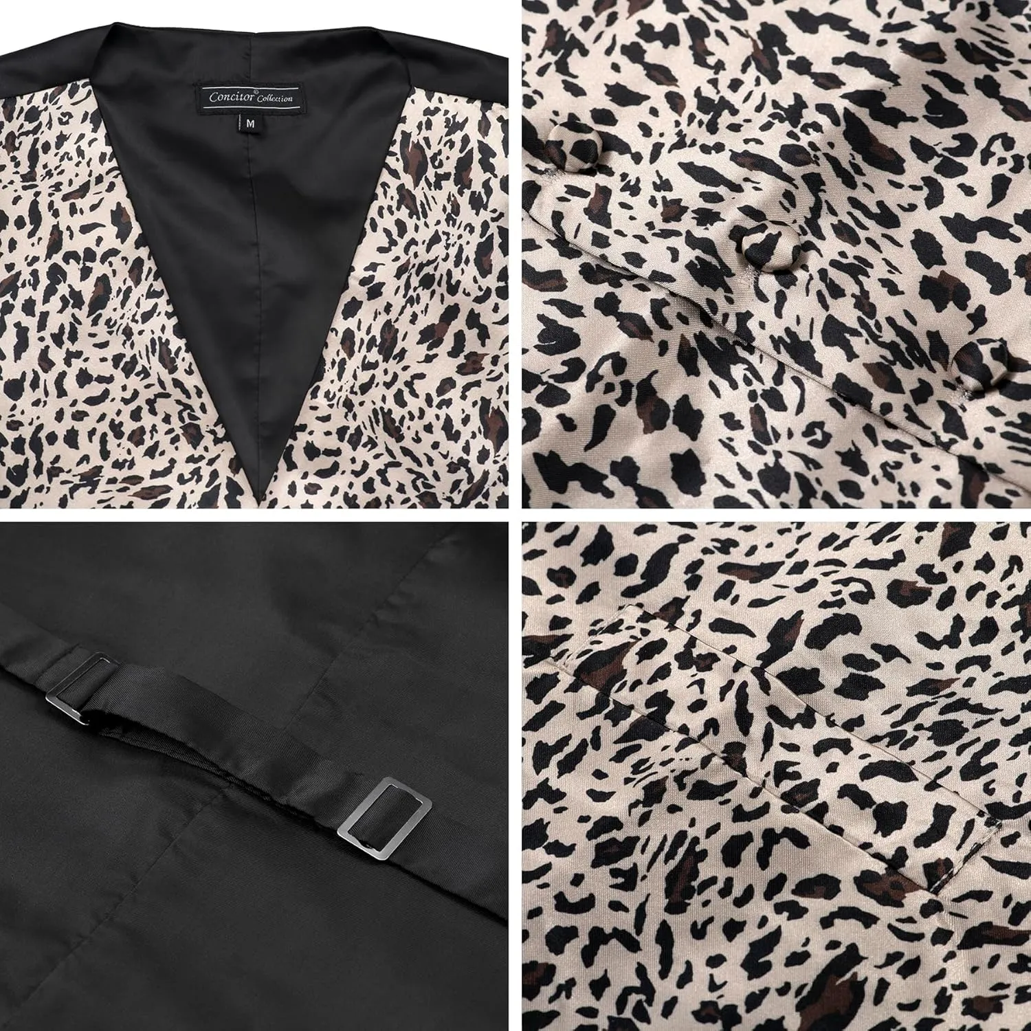 Men's Dress Vest LEOPARD Pattern Design Tan Beige Black Color LEOPARD Animal Skin Print Mens Bow Tie and Hanky Set