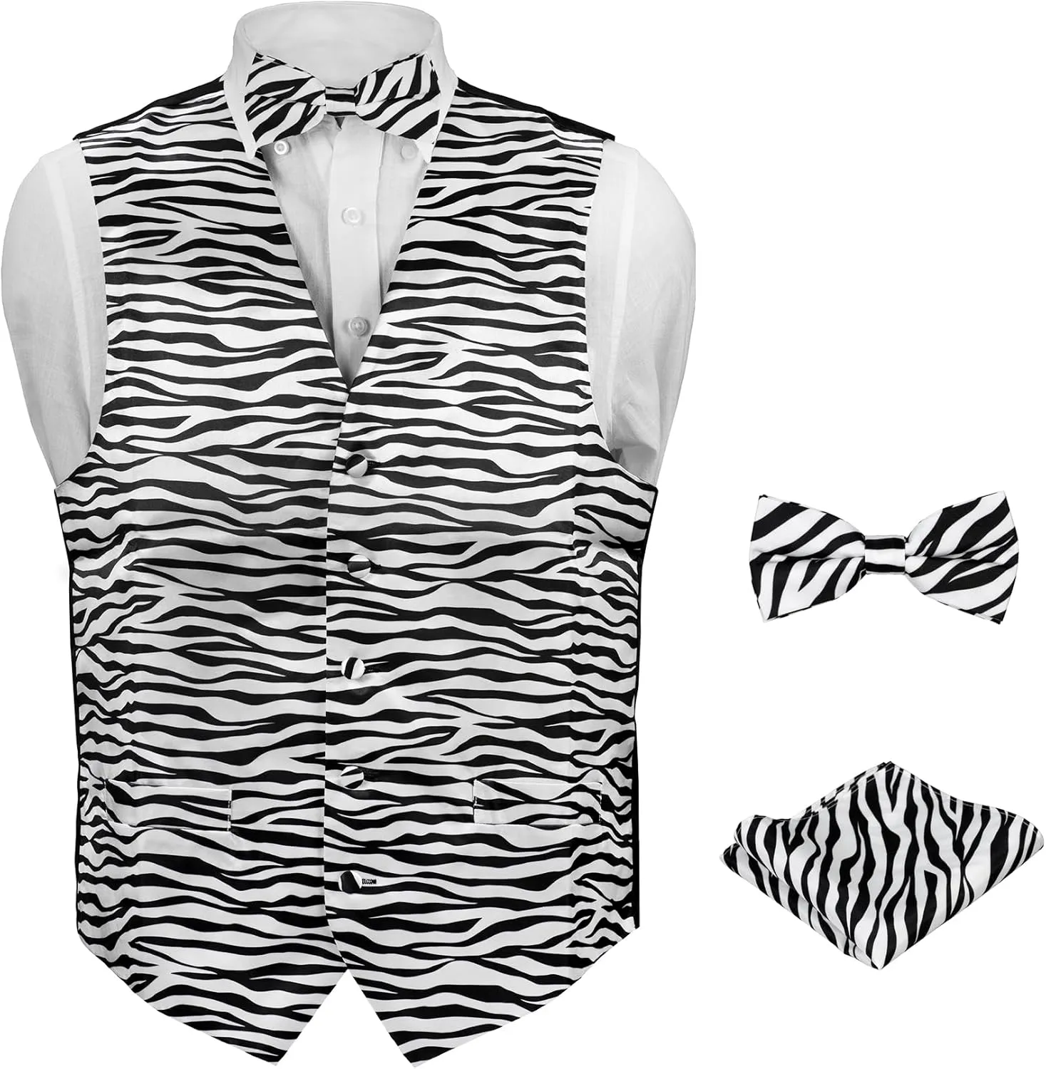 Men's Dress Vest ZEBRA Animal Pattern Design with Black Background. Animal Zoo Striped Mens Bow Tie and Hanky Set