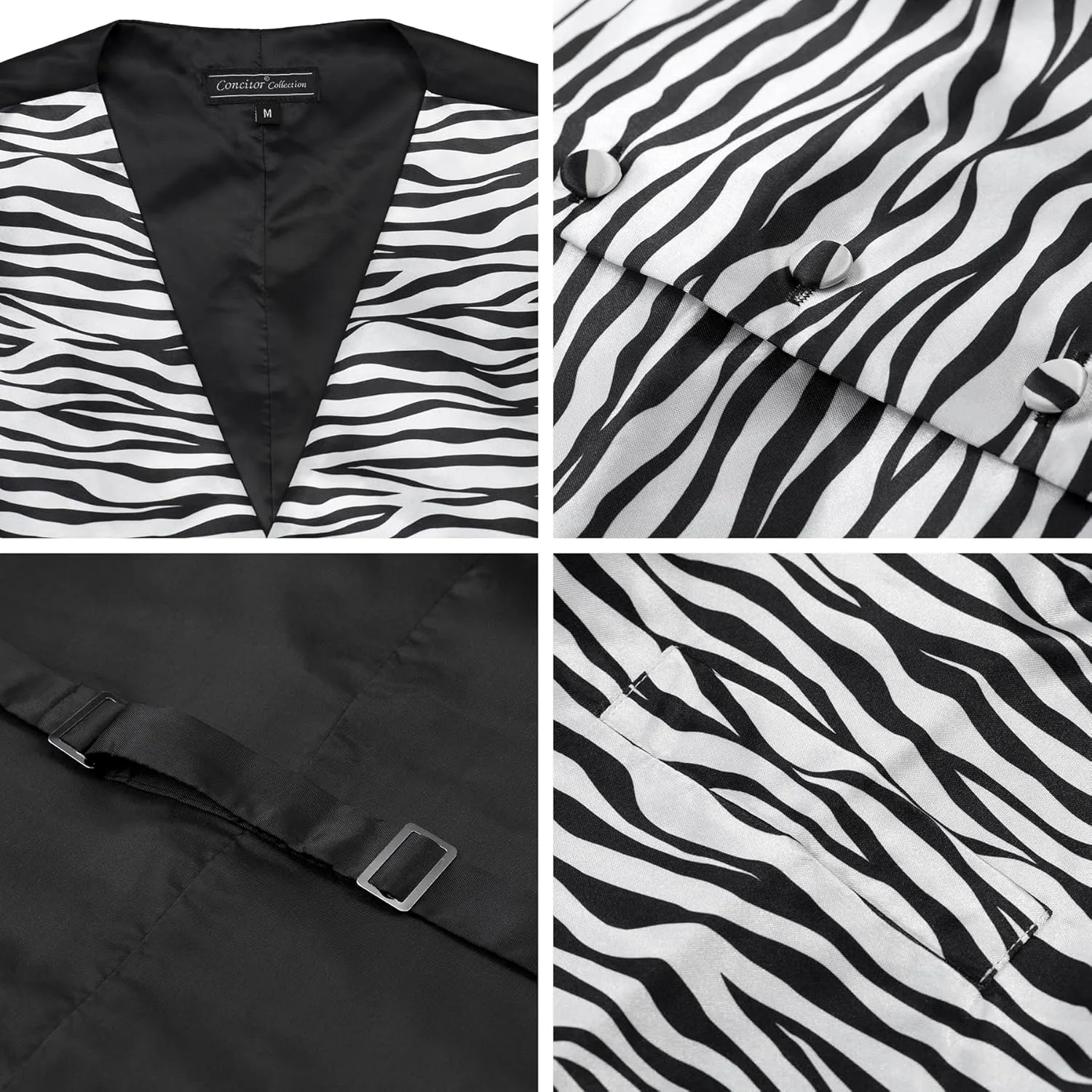 Men's Dress Vest ZEBRA Animal Pattern Design with Black Background. Animal Zoo Striped Mens Bow Tie and Hanky Set