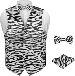 Men's Dress Vest ZEBRA Animal Pattern Design with Black Background. Animal Zoo Striped Mens Bow Tie and Hanky Set