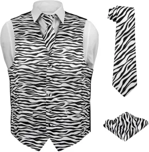Men's Dress Vest ZEBRA Animal Pattern Design with Black Background. Animal Zoo Striped Mens Necktie and Hanky Set