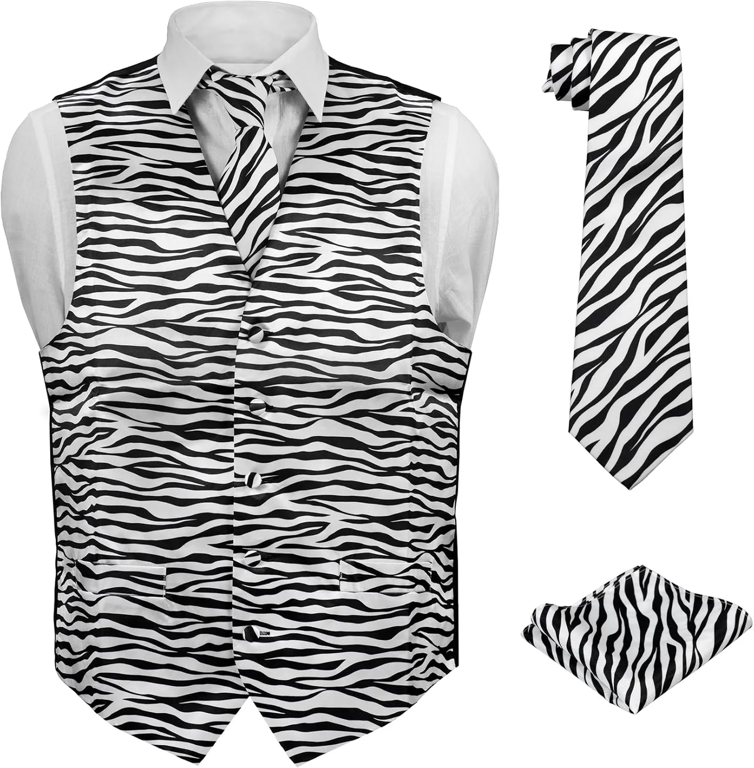 Men's Dress Vest ZEBRA Animal Pattern Design with Black Background. Animal Zoo Striped Mens Necktie and Hanky Set