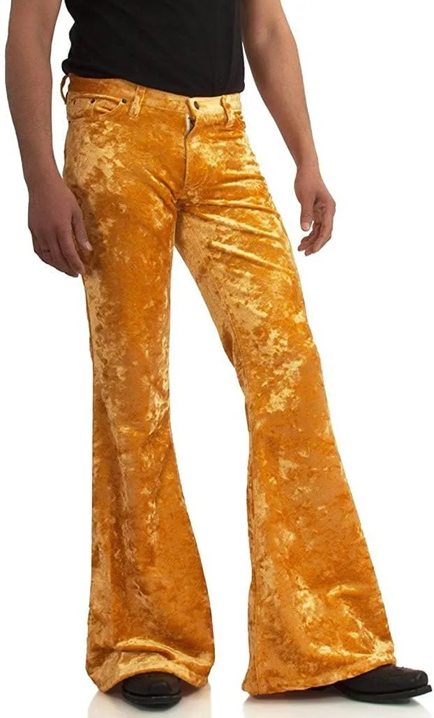 Men's Velvet Relaxed Vintage 60s 70s Bell Bottom Stretch Fit Classic Comfort Flared Flares Retro Leg Disco Pants