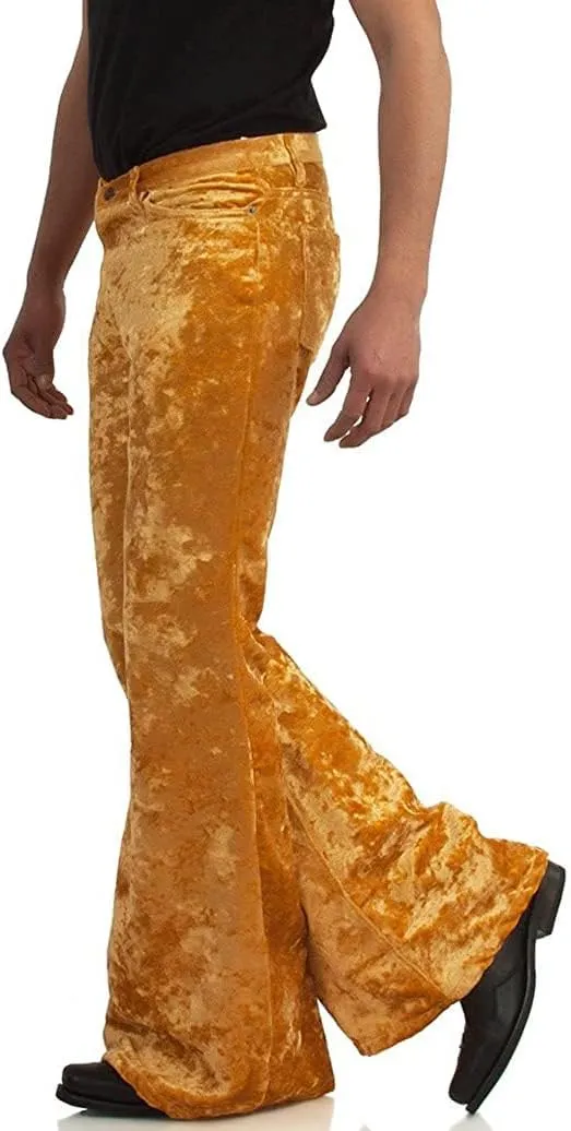 Men's Velvet Relaxed Vintage 60s 70s Bell Bottom Stretch Fit Classic Comfort Flared Flares Retro Leg Disco Pants
