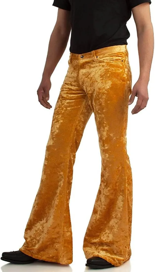 Men's Velvet Relaxed Vintage 60s 70s Bell Bottom Stretch Fit Classic Comfort Flared Flares Retro Leg Disco Pants