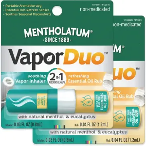 Mentholatum Vapor Duo, Non-Medicated Nasal Vapor Inhaler, Essential Oil Rub, 2-in-1 Aromatherapy Stick Soothes Irritated Nasal Passages Due to Colds & Seasonal Irritants, Natural Menthol & Eucalyptus