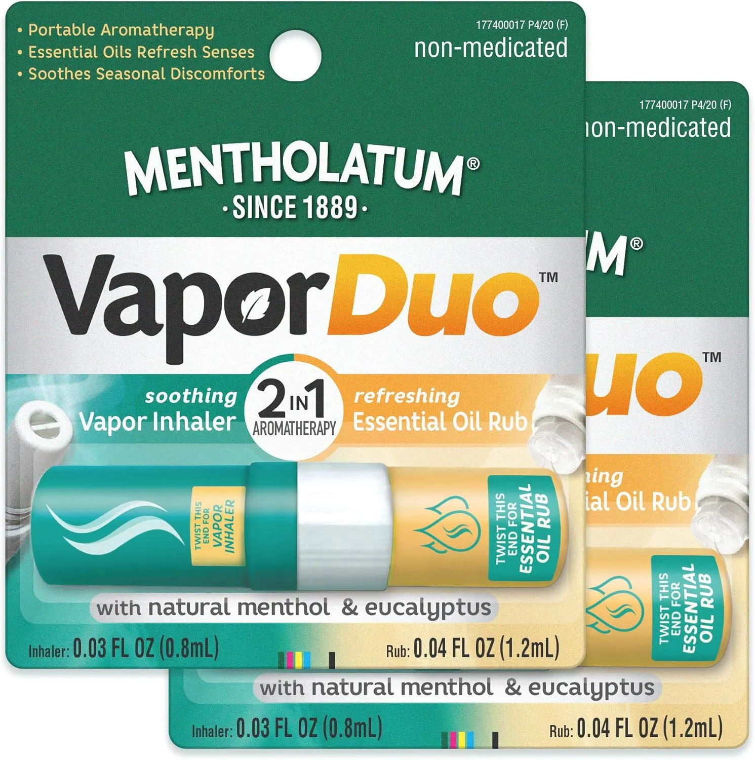 Mentholatum Vapor Duo, Non-Medicated Nasal Vapor Inhaler, Essential Oil Rub, 2-in-1 Aromatherapy Stick Soothes Irritated Nasal Passages Due to Colds & Seasonal Irritants, Natural Menthol & Eucalyptus