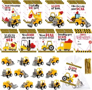 Meooeck 24 Set Small Construction Cars Vehicles with Gifts Cards Set, Mini Construction Vehicles with Valentine's Greeting Cards for Classroom Prizes Classroom Exchange Gift(Heart Style)