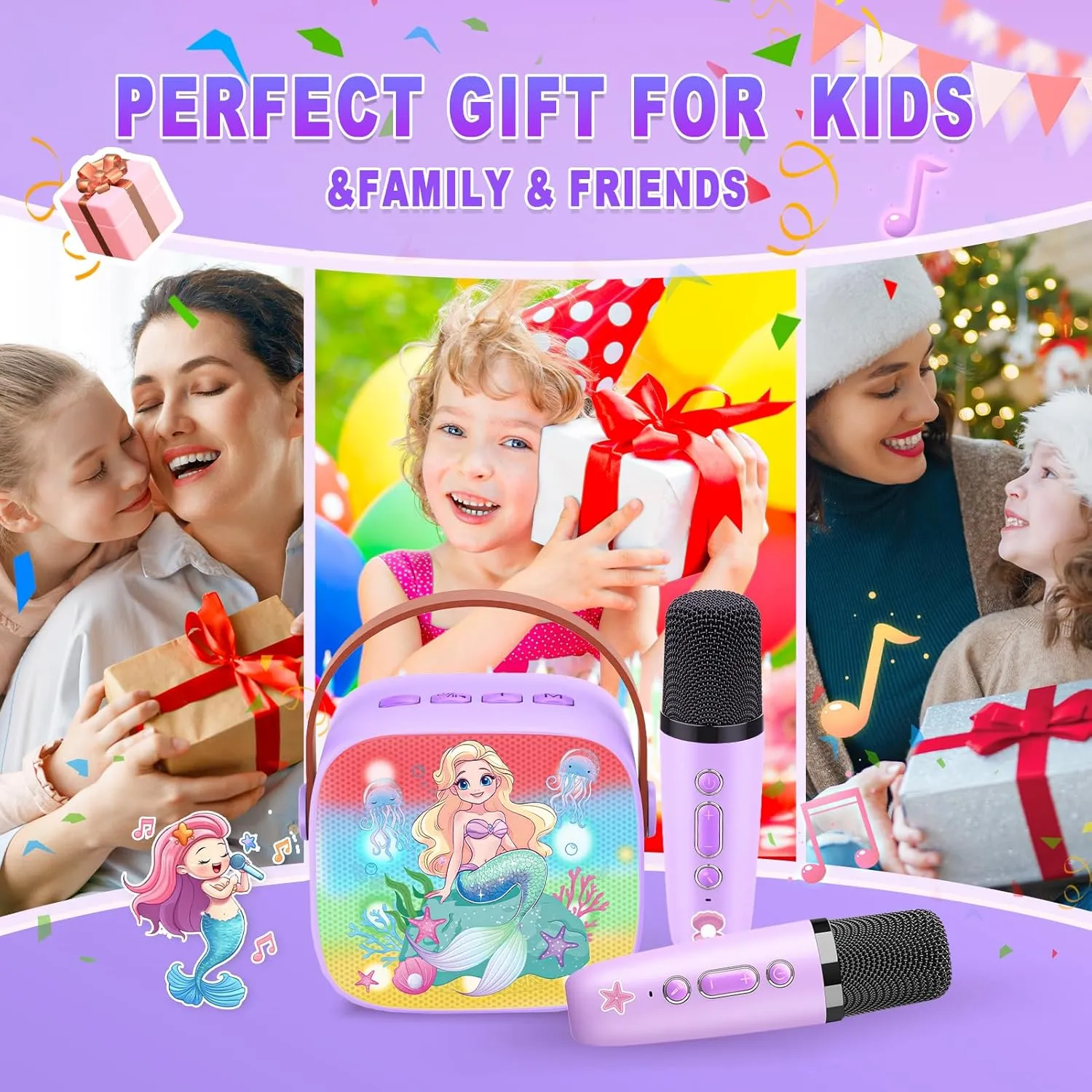 Mermaid Mini Karaoke Machine Toys: Kids Toys Girls Birthday Gifts Age 3-12  LED Portable Bluetooth Speaker with 2 Wireless Microphone Gift Toy for 4 5 6 7 8 9 Years Old Girl Boy Kid Adult