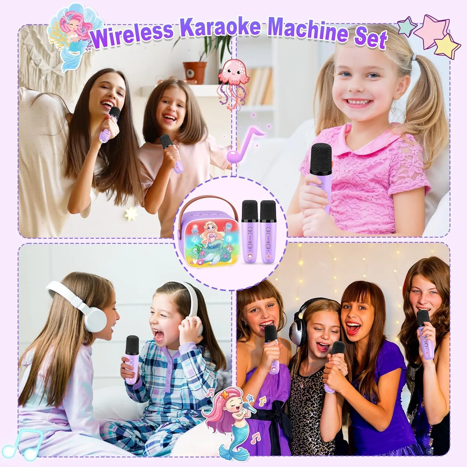 Mermaid Mini Karaoke Machine Toys: Kids Toys Girls Birthday Gifts Age 3-12  LED Portable Bluetooth Speaker with 2 Wireless Microphone Gift Toy for 4 5 6 7 8 9 Years Old Girl Boy Kid Adult