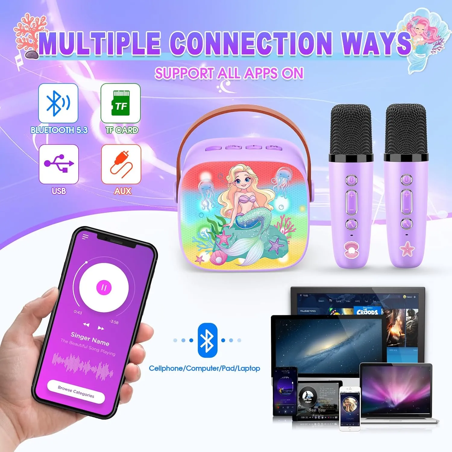 Mermaid Mini Karaoke Machine Toys: Kids Toys Girls Birthday Gifts Age 3-12  LED Portable Bluetooth Speaker with 2 Wireless Microphone Gift Toy for 4 5 6 7 8 9 Years Old Girl Boy Kid Adult