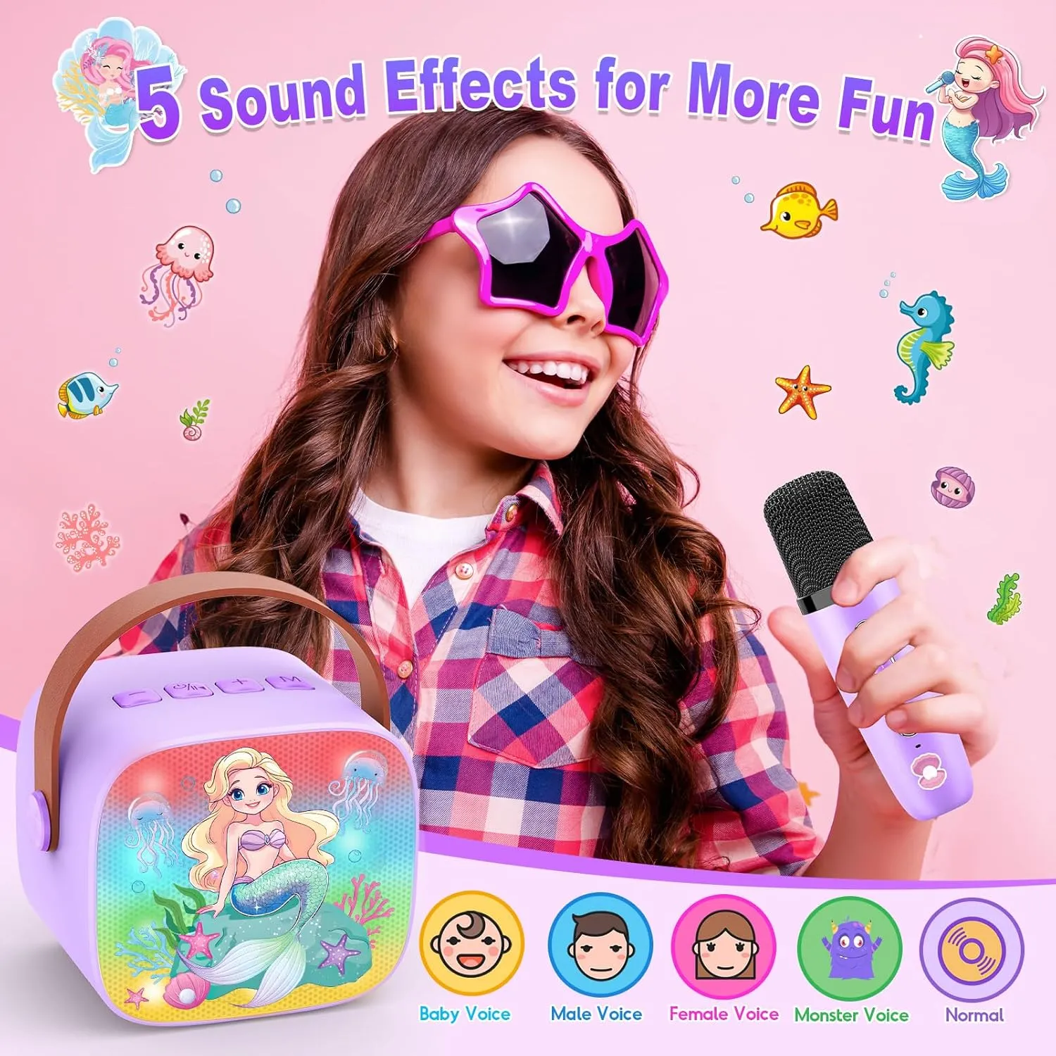 Mermaid Mini Karaoke Machine Toys: Kids Toys Girls Birthday Gifts Age 3-12  LED Portable Bluetooth Speaker with 2 Wireless Microphone Gift Toy for 4 5 6 7 8 9 Years Old Girl Boy Kid Adult