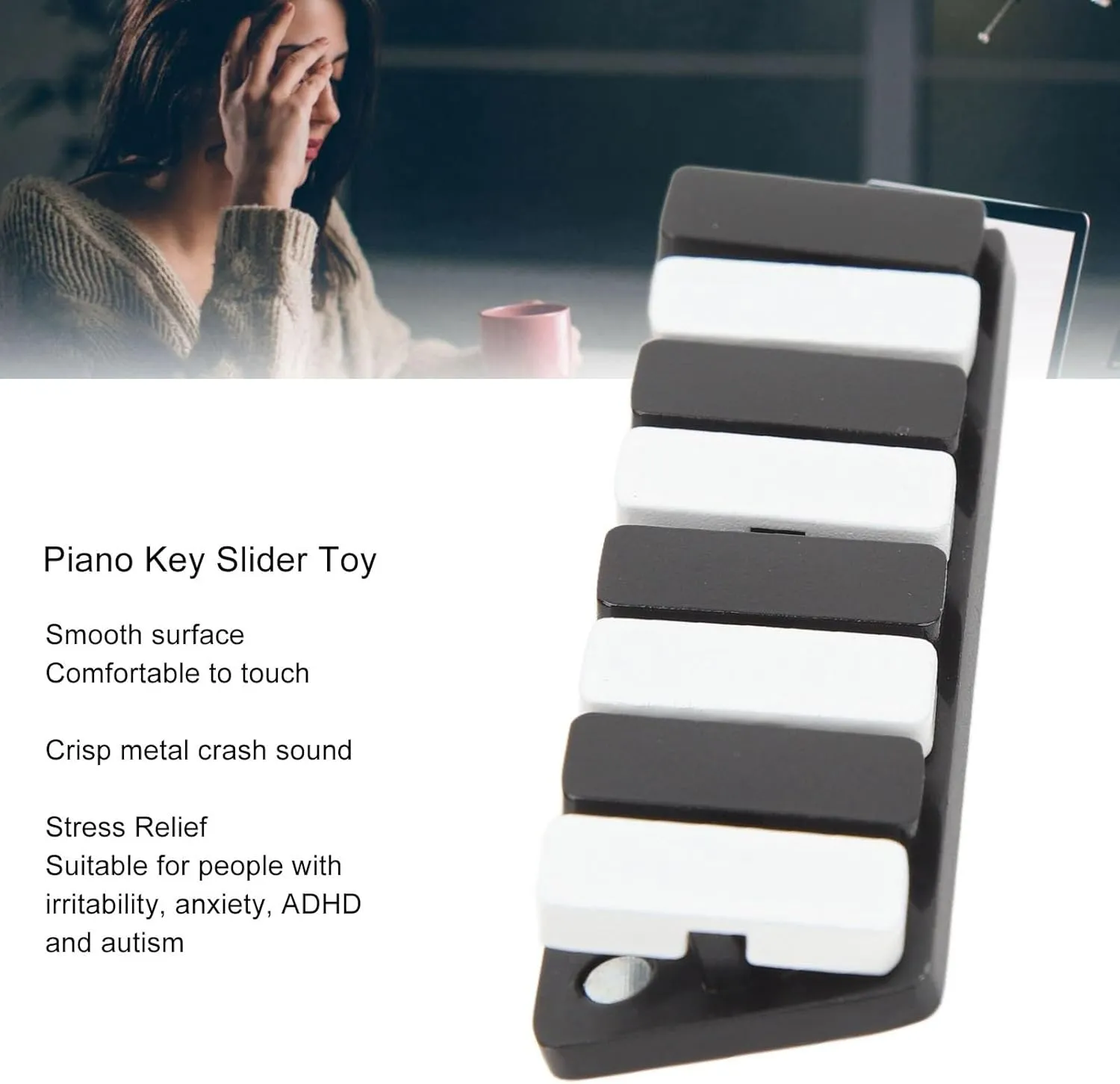 Metal Piano Key Slider Toy, Zinc Alloy Stress Relief Fidget for Adults, Office, ADHD, Anxiety Autism, Portable Haptic Clicker Toy with Suction Feedback Flat Surface, with St (Black)