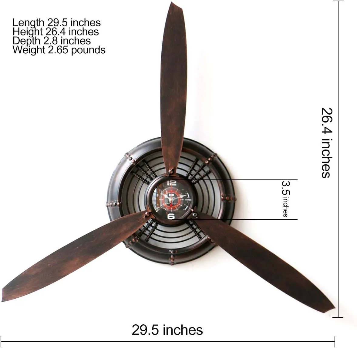 Metal Wall Decor Art Antique Airplane Propeller Aviation Wall Clock for Living Room Bedroom Rustic Wall Sculptures Brown 29.5×26.4 inches