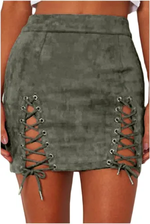 Meyeeka Womens Sexy High Waist Lace Up Bodycon Faux Suede Split Tight Mini Skirt
