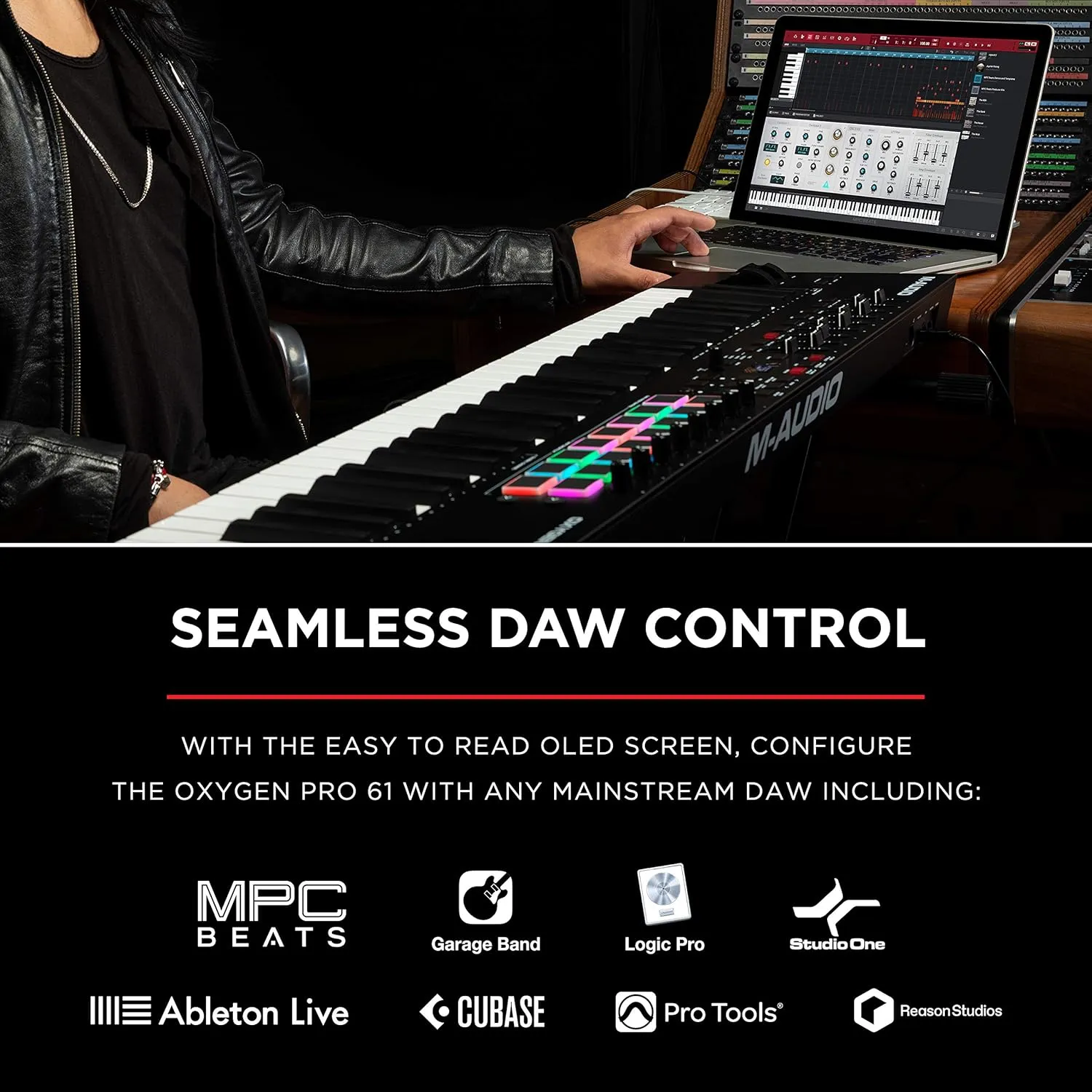 MIDI Controller Bundle - 61-Key USB MIDI Keyboard Controller with Beat Pads, Sustain Pedal and Software Suite - M-Audio Oxygen Pro 61 and SP-2