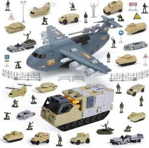 Military Airplane Toy and Tank Toy with 17 Vehicles, Army Men Trucks Airplanes Helicopter Car Kits Birthday Gift for Boys Age 4-7