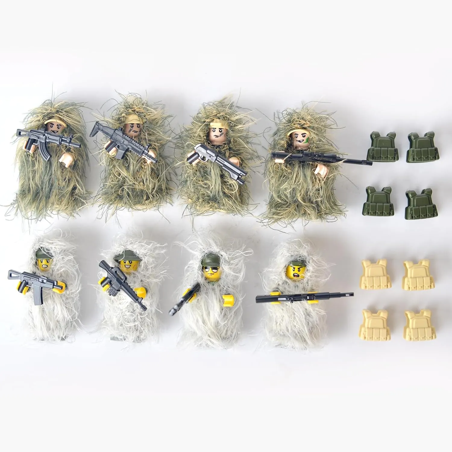 Military Camouflage Soldiers Toy Set(8 Included), Action Minifigures in snowfield and Jungle Fatigues, Special Forces Soldier Figures in Ghillie Suit Weapons and Accessories