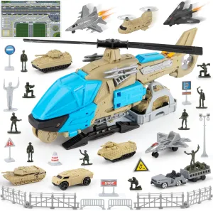 Military Helicopter Toys, Army Toys Set with 10 Vehicles, Tanks, Fighter Jet, Airplane, Aircraft, Army Men and Play Mat, Birthday Gift for Boys