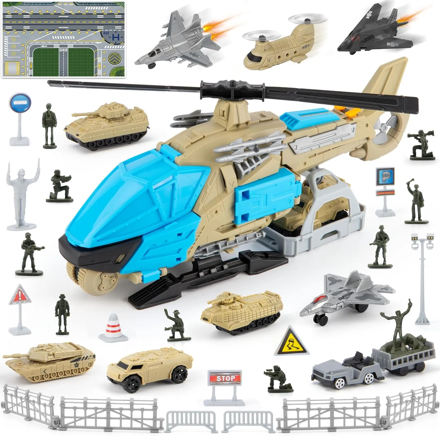 Military Helicopter Toys, Army Toys Set with 10 Vehicles, Tanks, Fighter Jet, Airplane, Aircraft, Army Men and Play Mat, Birthday Gift for Boys